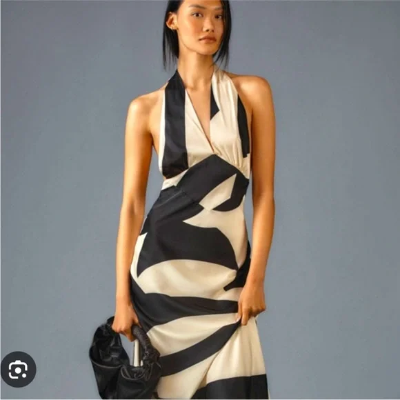 Bardot Citron black ivory halter midi dress back zip satin 4 s small - Picture 2 of 11